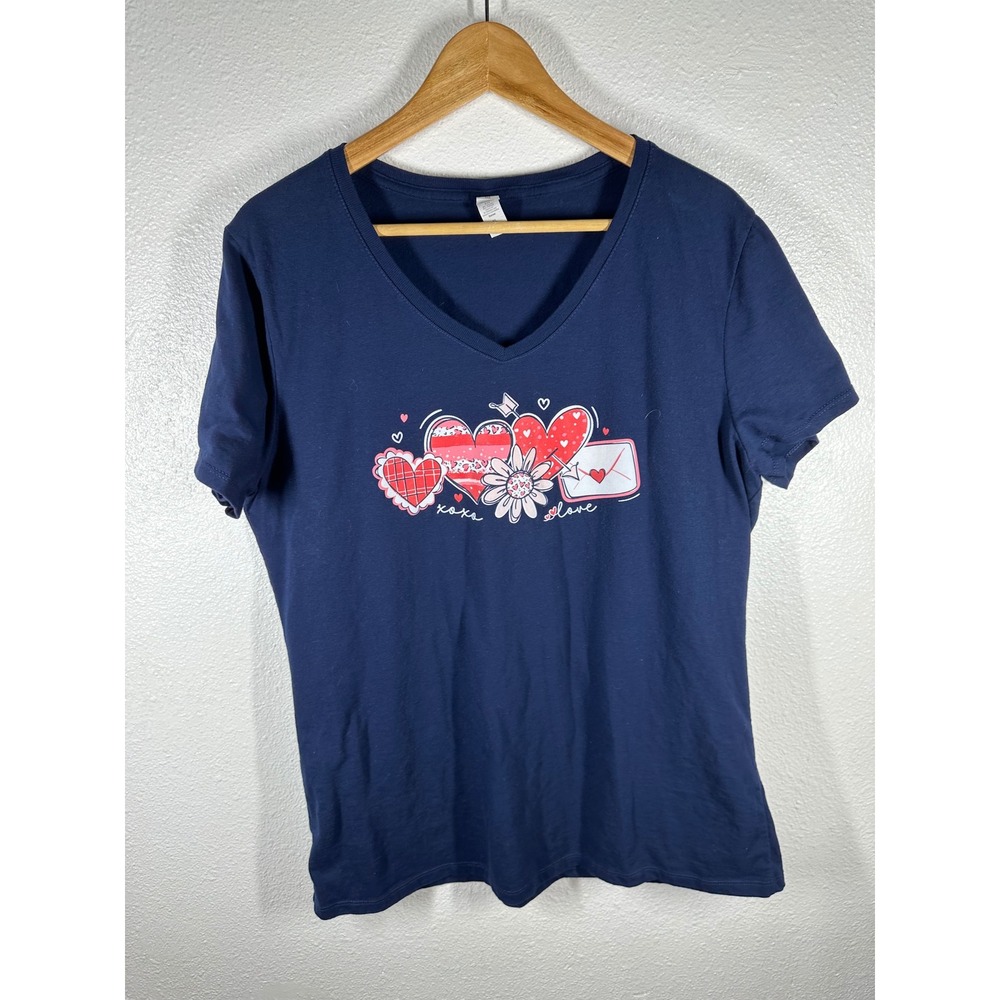 Jerzees T-Shirt Womens XL Navy Blue Valentine Hearts Love Graphic V-Neck‎ Tee